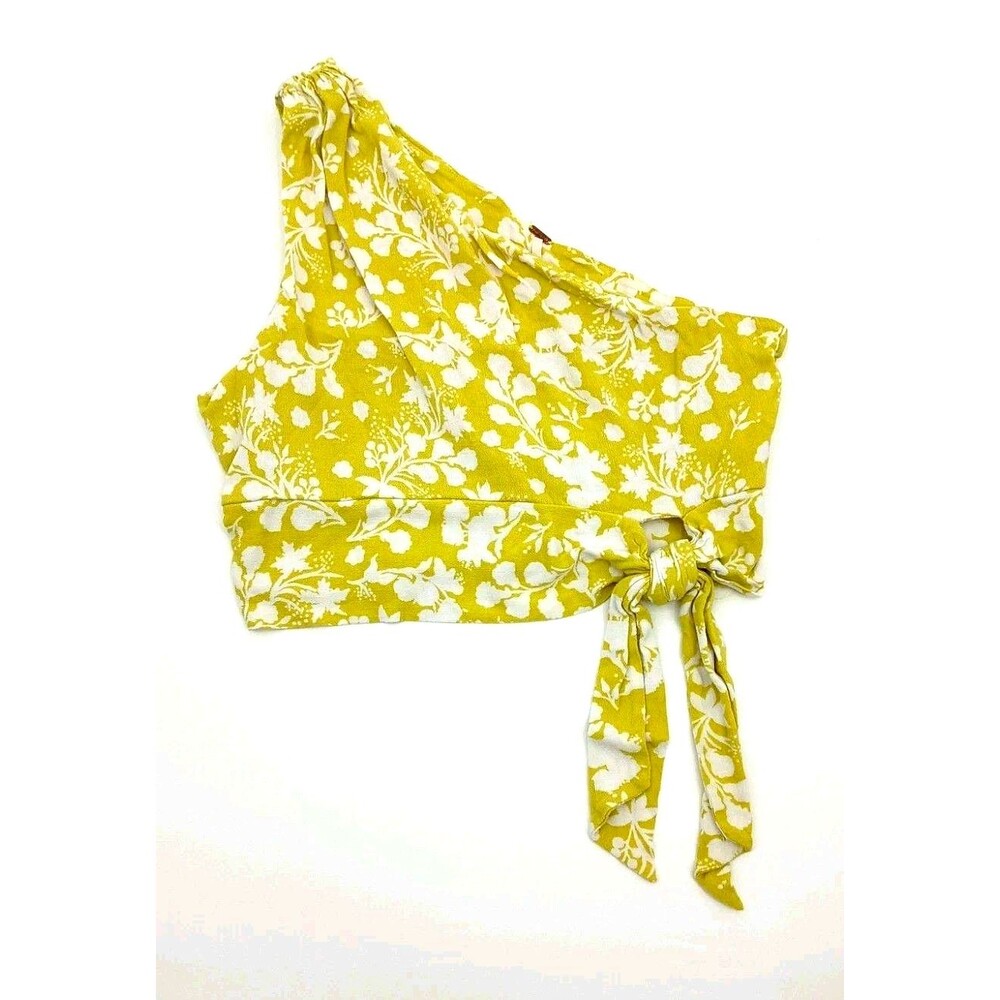 Free People One Shoulder Floral Crop Top Side Tie Lime Green M Boho Coastal